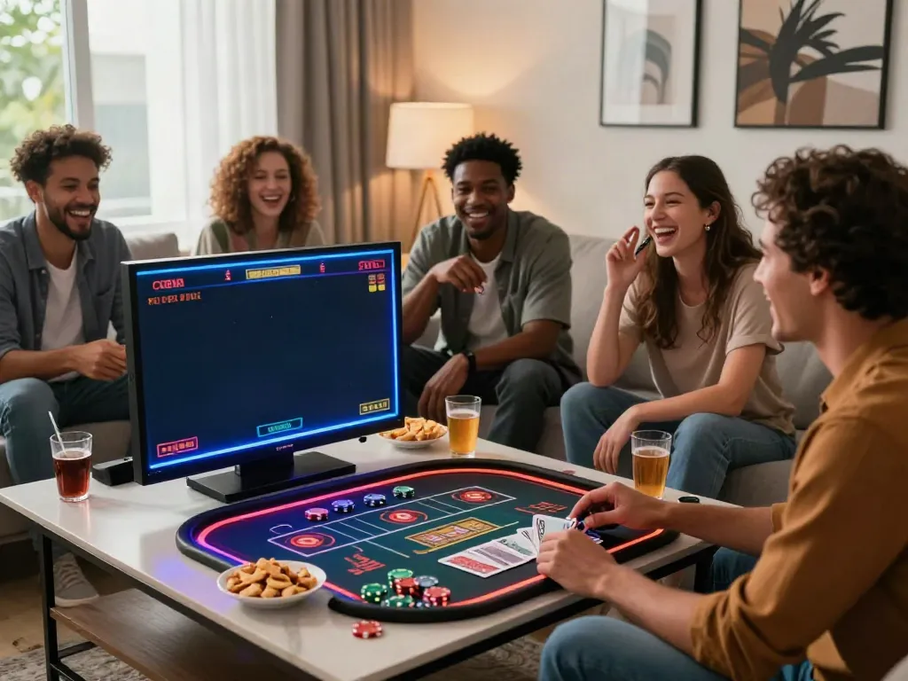 Friends enjoying non gamstop casinos at home with gaming console, snacks, and drinks.