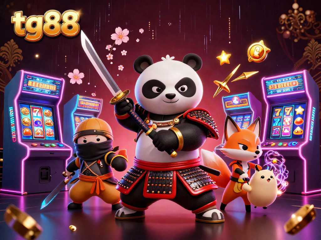Experience tg88's thrilling adventure with a samurai panda, ninja fox, and magical spirit in this vibrant casino scene.
