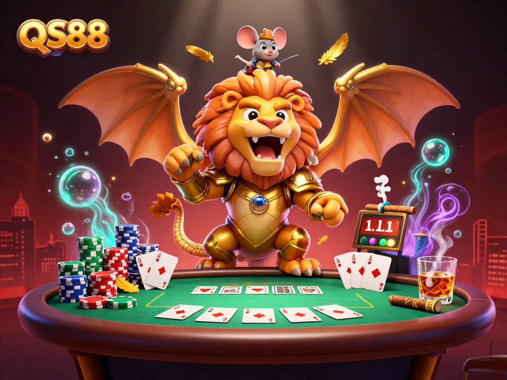Experience thrilling games at QS88 casino with a dynamic poker showdown featured in a vibrant 3D setting.