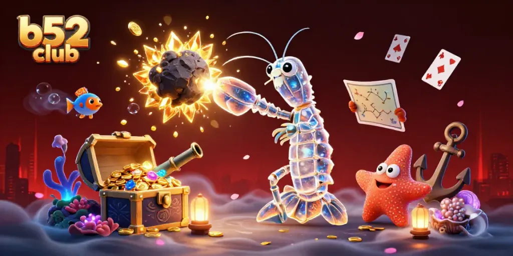 B52 club showcases a dynamic scene featuring a galactic mantis shrimp and a starfish in a vibrant casino-themed environment.
