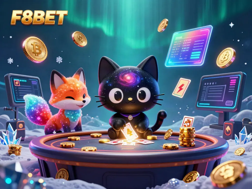 Engage with F8BET in a vibrant cosmic casino scene featuring a black hole cat and nebula fox.