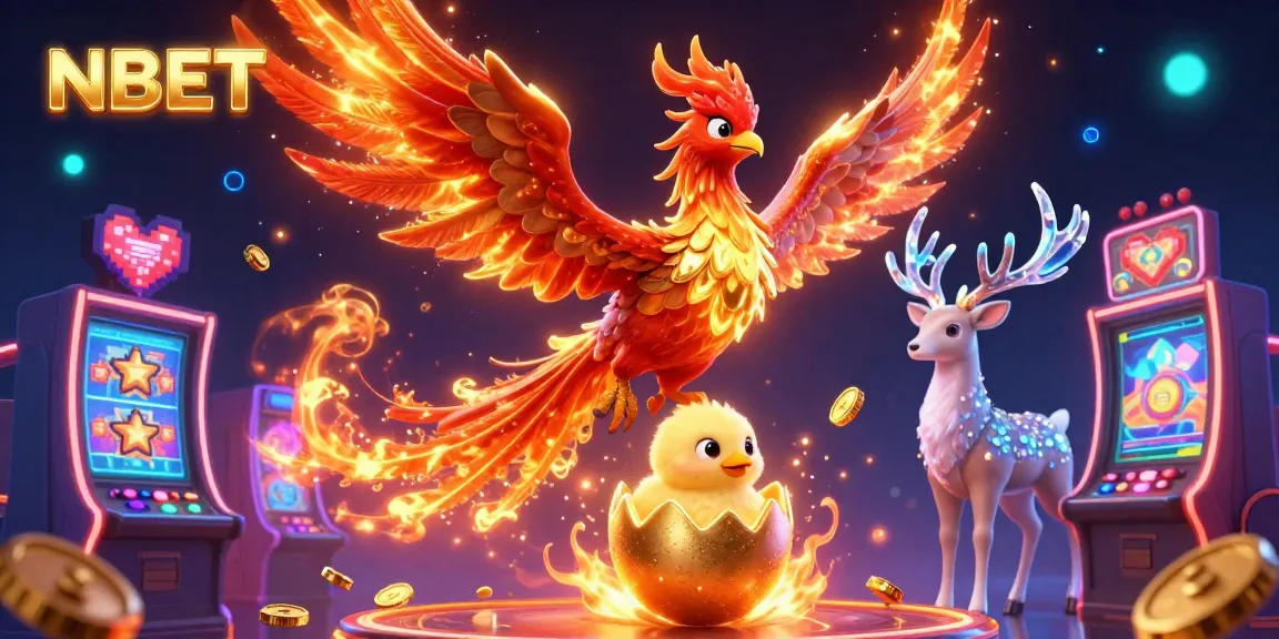 Experience exhilarating NBET casino action with a fiery phoenix and vibrant game elements in an engaging 3D illustration.