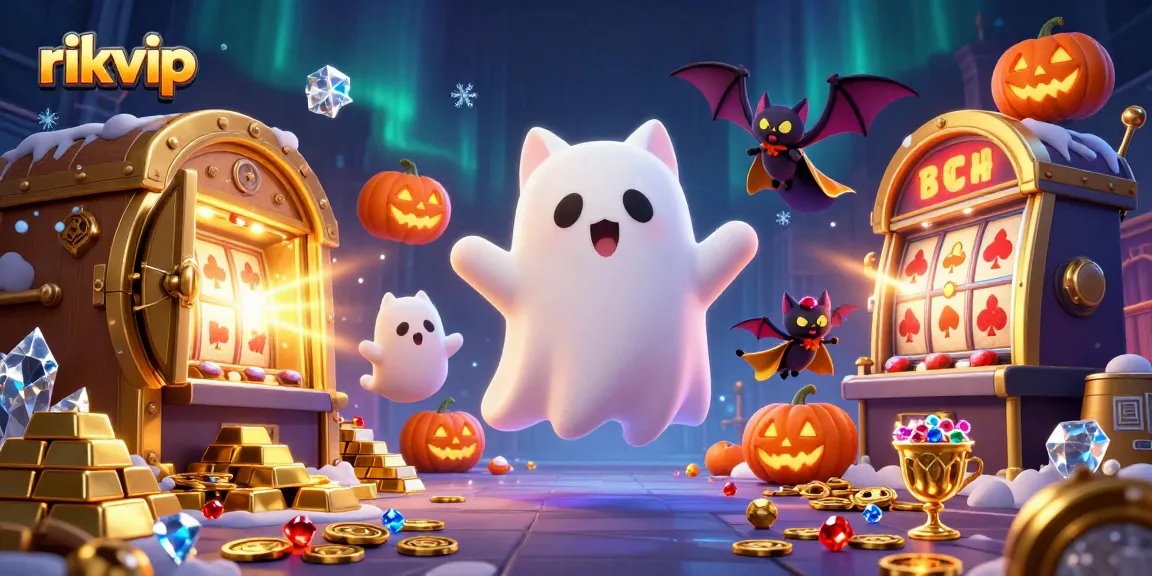 Experience the excitement of rikvip with a ghost cat in a haunted casino, surrounded by treasures.