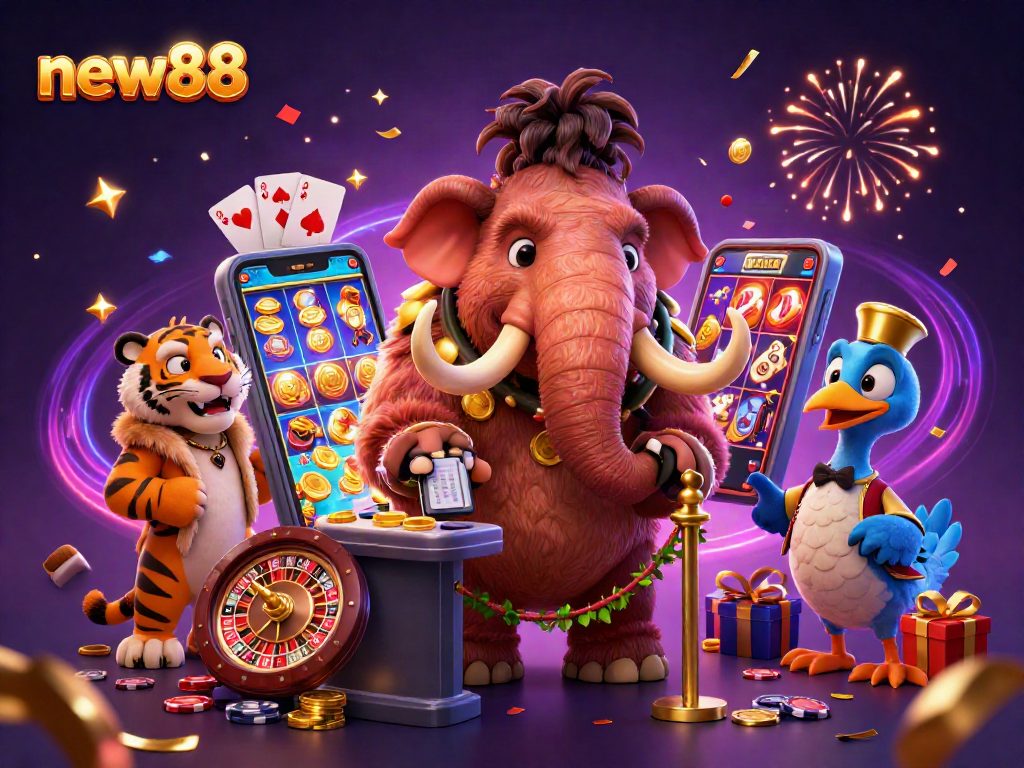 Experience new88 excitement with a 3D casino scene featuring vibrant characters and games.