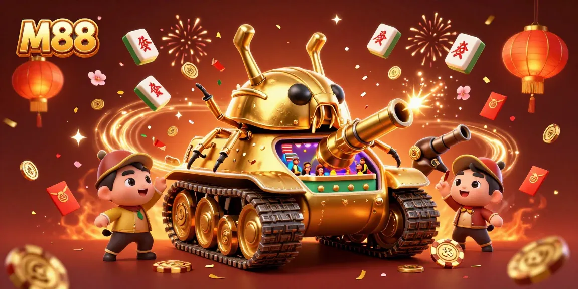 Experience M88's thrilling casino world with a festive golden beetle tank, confetti, and exciting game elements.