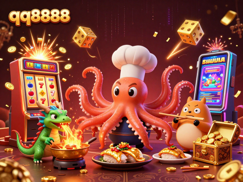 Experience the thrill at qq8888 as the octopus chef, dragon, and tanuki enjoy exciting casino games!