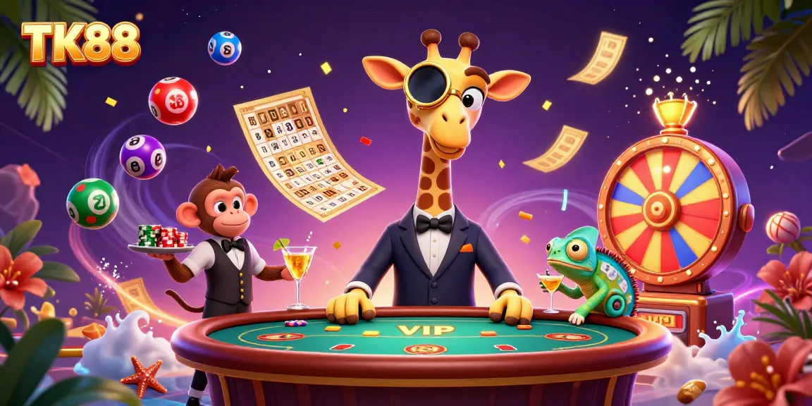 Engage in gaming with TK88's lively casino scene featuring colorful elements and animated characters.