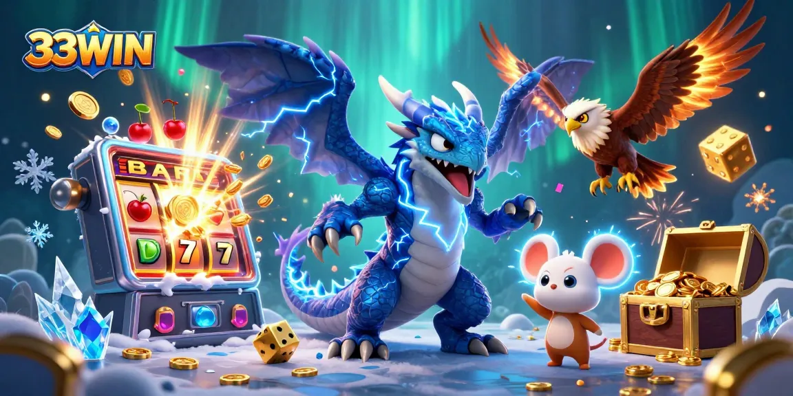 Experience the thrilling 33WIN casino adventure with a dynamic scene of dragons, slot machines, and treasures.