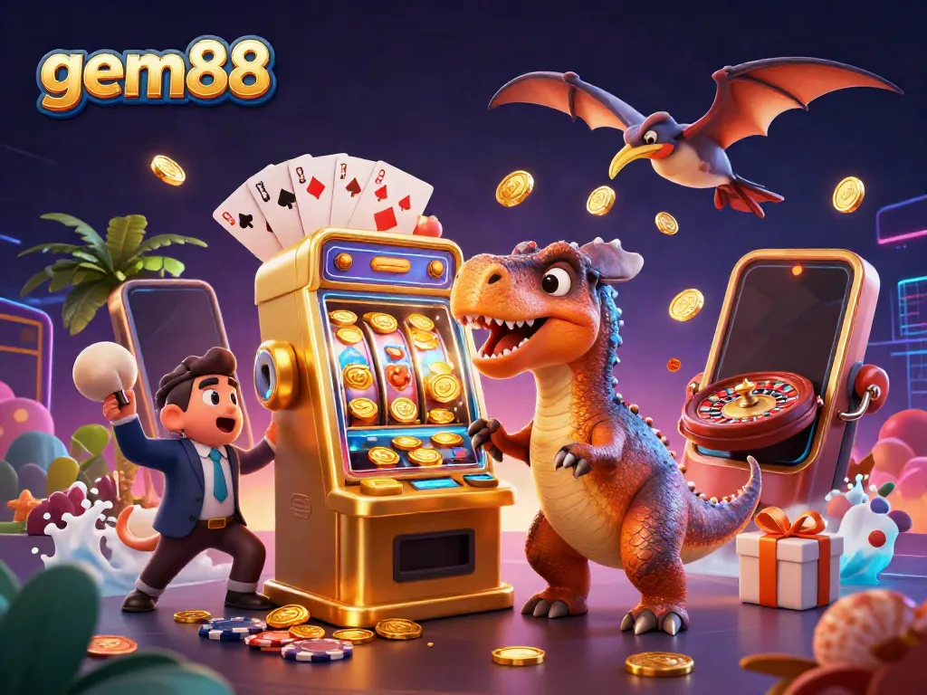 Experience thrilling wins at gem88 with a dinosaur themed jackpot scene, featuring exciting casino elements.