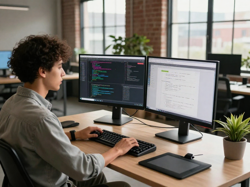 Developer focused on coding and web design at a modern tech workspace, showcasing net88 innovation.