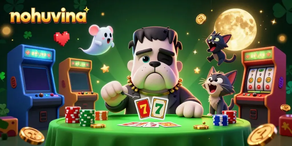 Experience the excitement of nohuvina with a fantasy casino scene featuring unique characters and gaming elements.