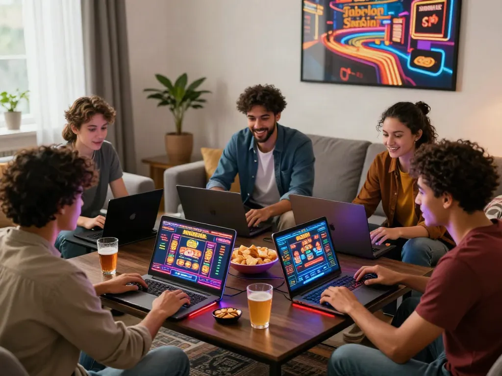 Social gamers enjoying non gamstop casinos experience at home with vibrant setup.
