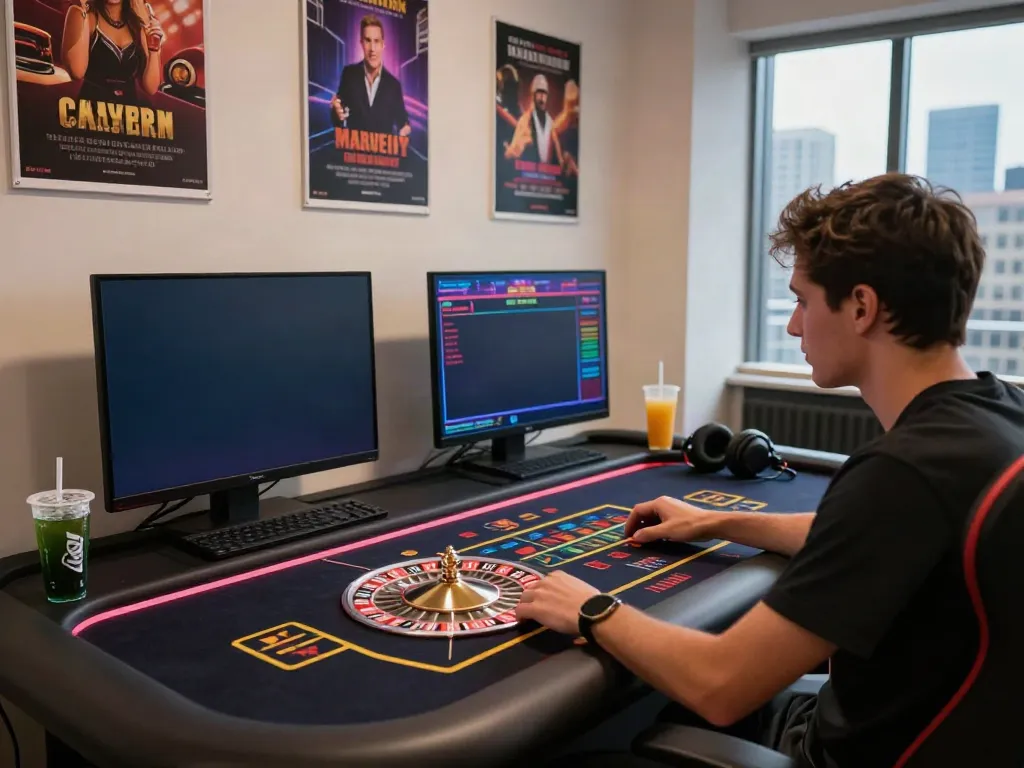 Exciting scene of a player at non gamstop casinos gaming setup, illuminated laptop displaying roulette.