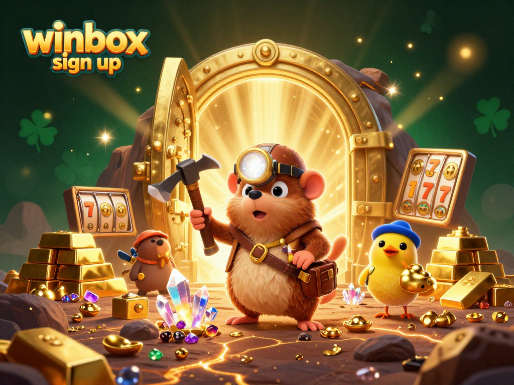 Engage with thrilling slots and games via winbox sign up, featuring a treasure hunting mole illustration.
