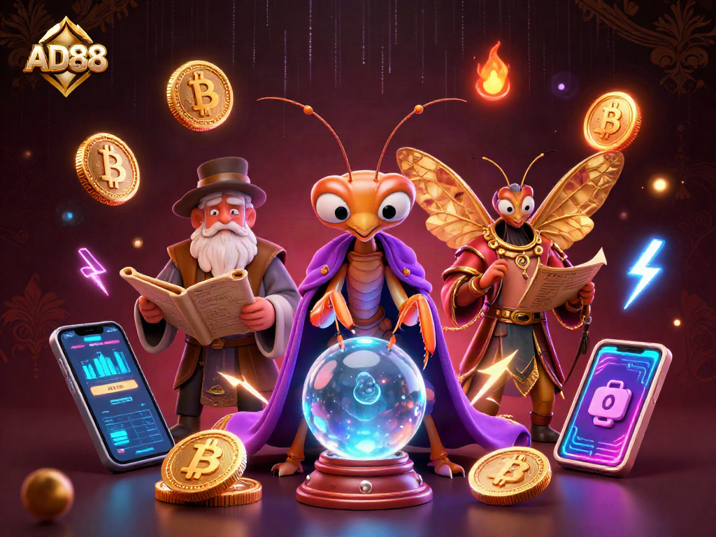 Engage with crypto gaming at AD88 with a vibrant casino scene featuring fortune teller elements.