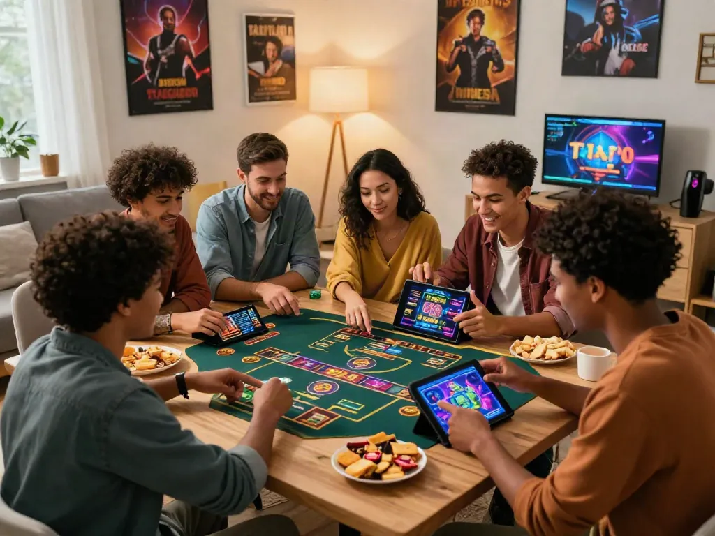 Engaged friends enjoying non gamstop casinos game in a cozy living room.