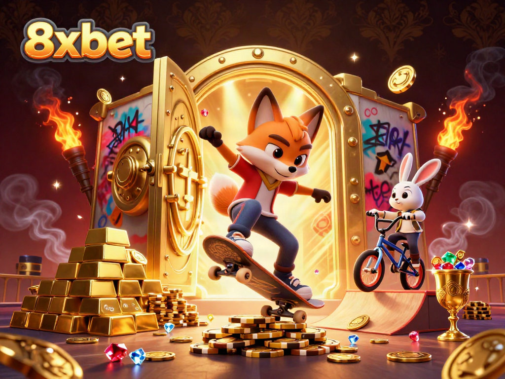 Experience thrilling action with 8xbet in this vibrant casino-themed 3D scene showcasing dynamic characters and elements.