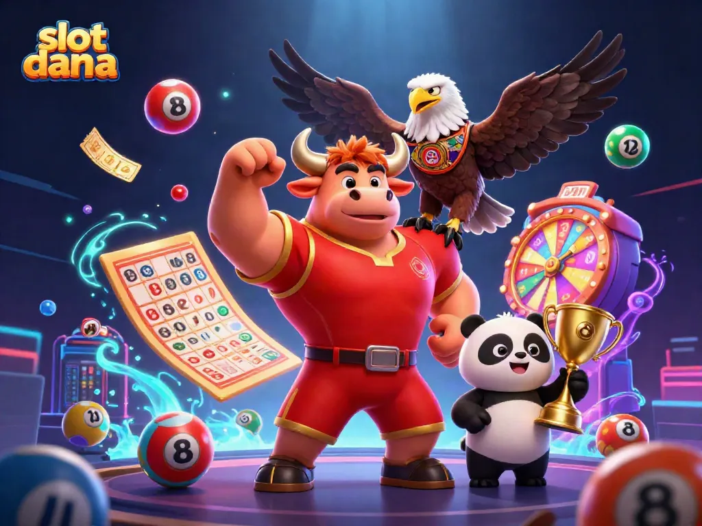 Slot dana features a bull mascot, an eagle, and a panda celebrating in a vibrant casino scene.