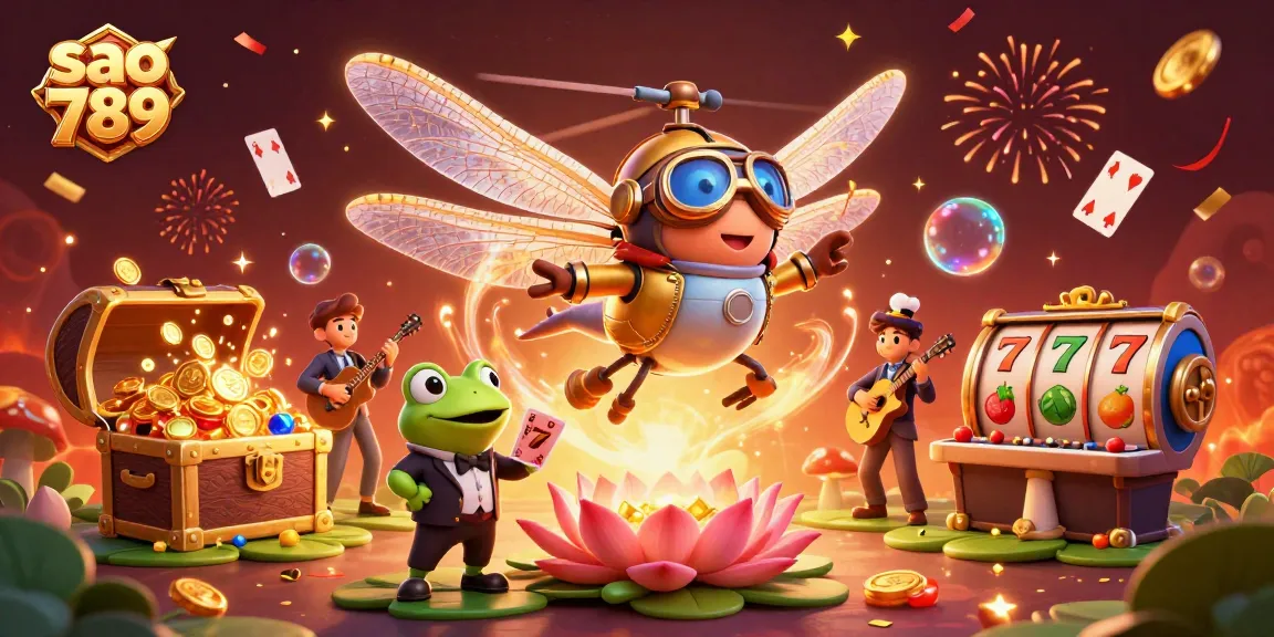 Experience thrilling action at sao 789 with a lively scene featuring a dragonfly pilot, frog croupier, and buzzing jazz band.