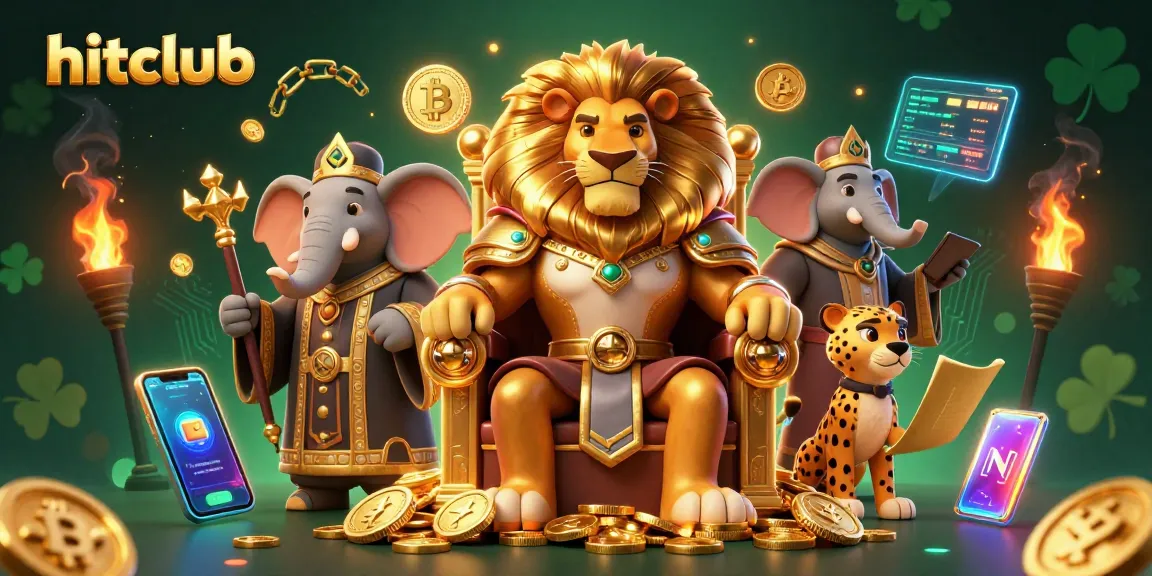 Engage with hitclub's thrilling casino adventures featuring a lion king, elephant, and cheetah in a vibrant 3D scene.