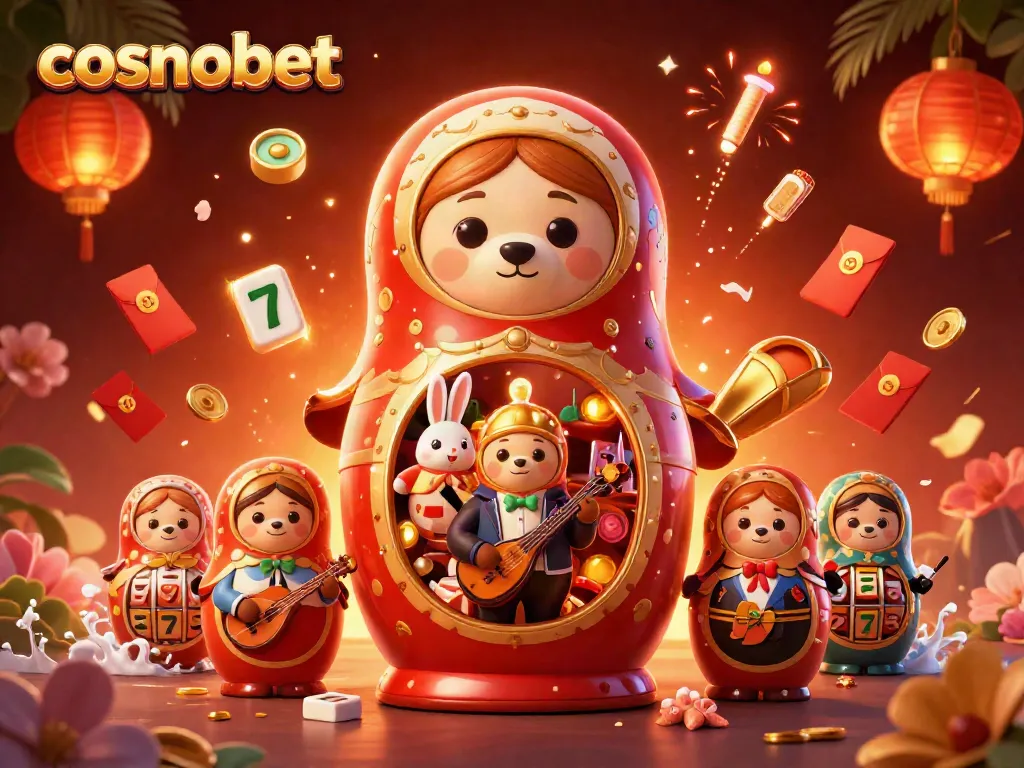 Engage with cosmobet's vibrant 3D illustration showcasing casino thrills and festive atmosphere.