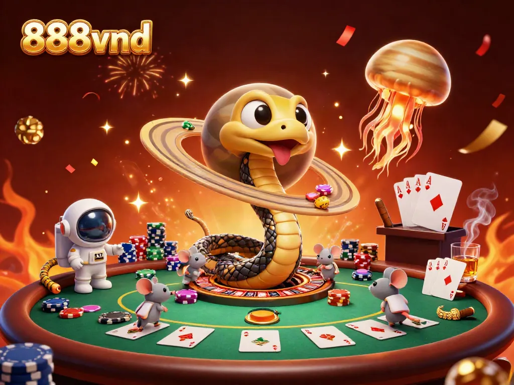 Experience the excitement of 888vnd as playful astronaut mice bet on a roulette wheel made of Saturn's rings within a vibrant cosmic scene.