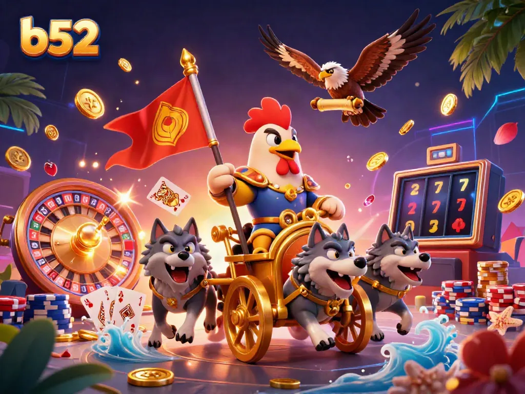 Experience thrilling gameplay at b52 with a vibrant 3D illustration of games and riches.