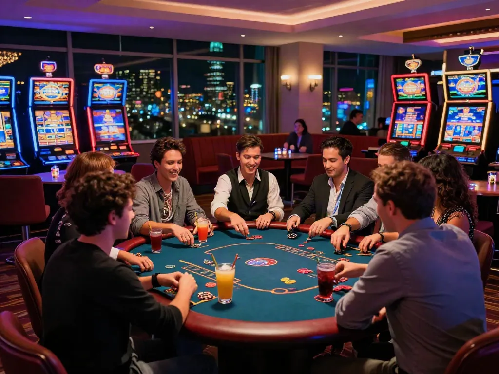 Exciting credit card casino scene with friends at a poker table enjoying gameplay, drinks, and vibrant surroundings.