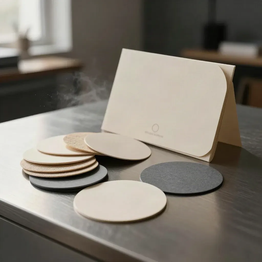 Circular focus group cards, sample chips and a small folder on brushed pewter in soft daylight.