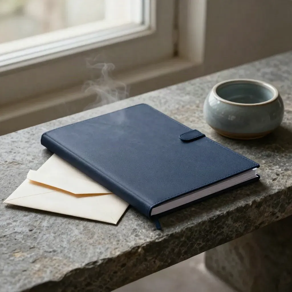 Research starter pack folio, slim envelopes and ceramic paperweight on a dark stone bench with soft daylight.