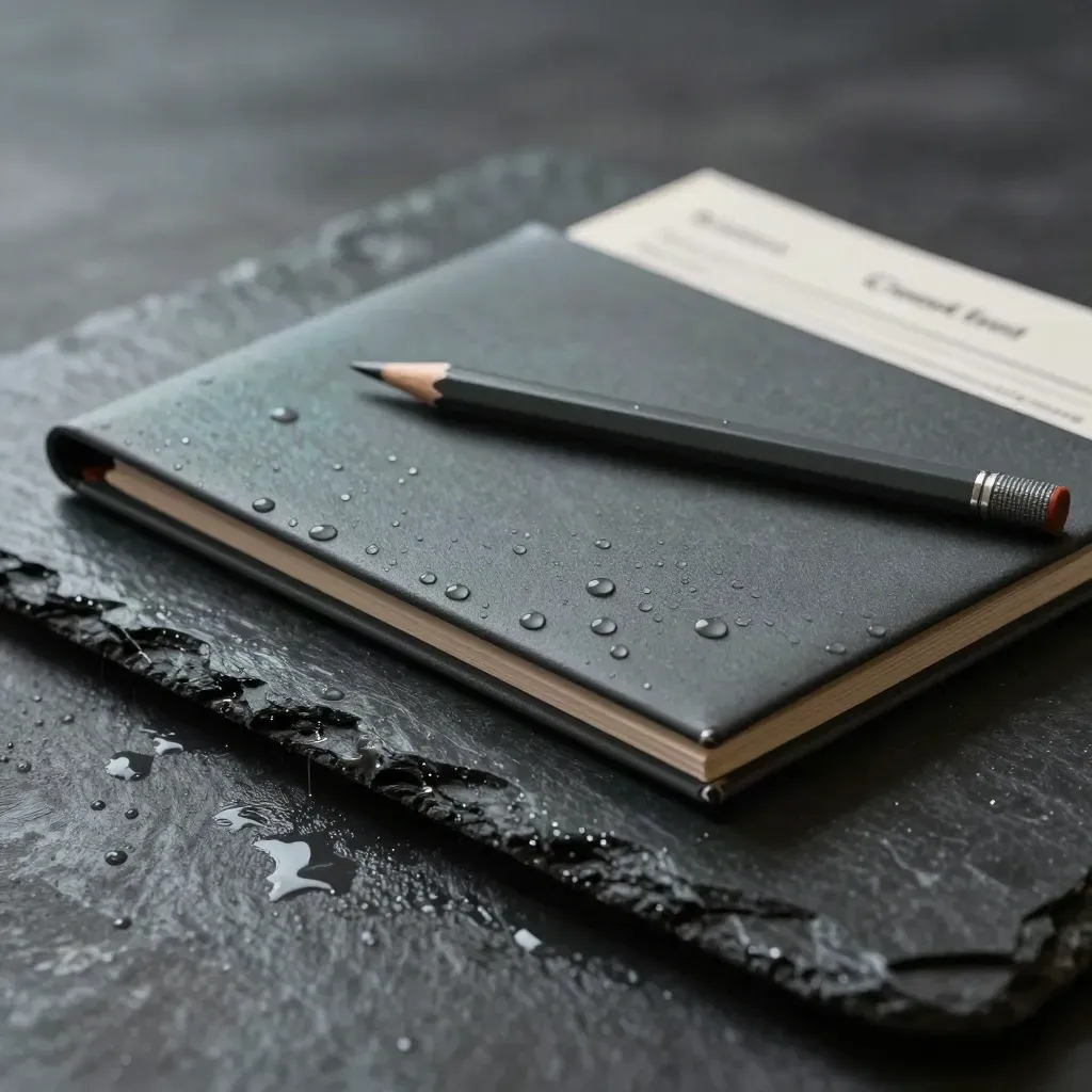 Wet interview pack with folder, consent sheet, and pencil on dark stone.