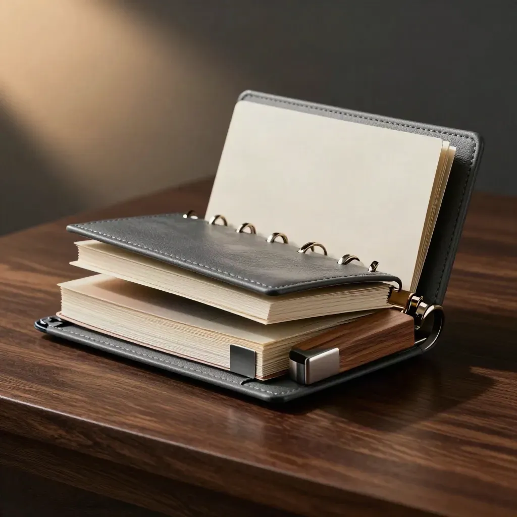 Macro of a compact NPS tracker bundle with ring binder, update cards and counter block on dark walnut