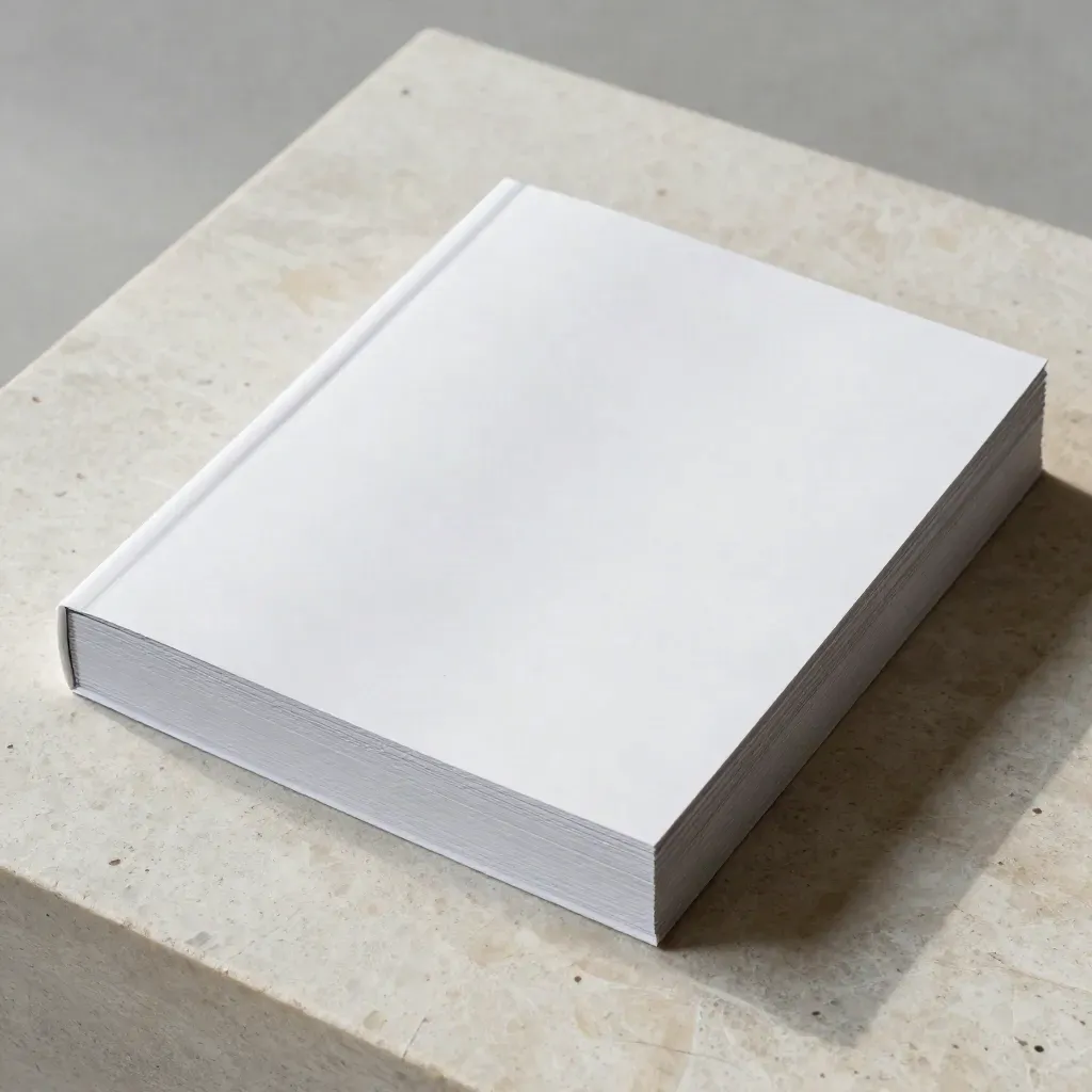 Overhead flatlay of a blank insight report stack, appendix booklet and divider on pale stone.