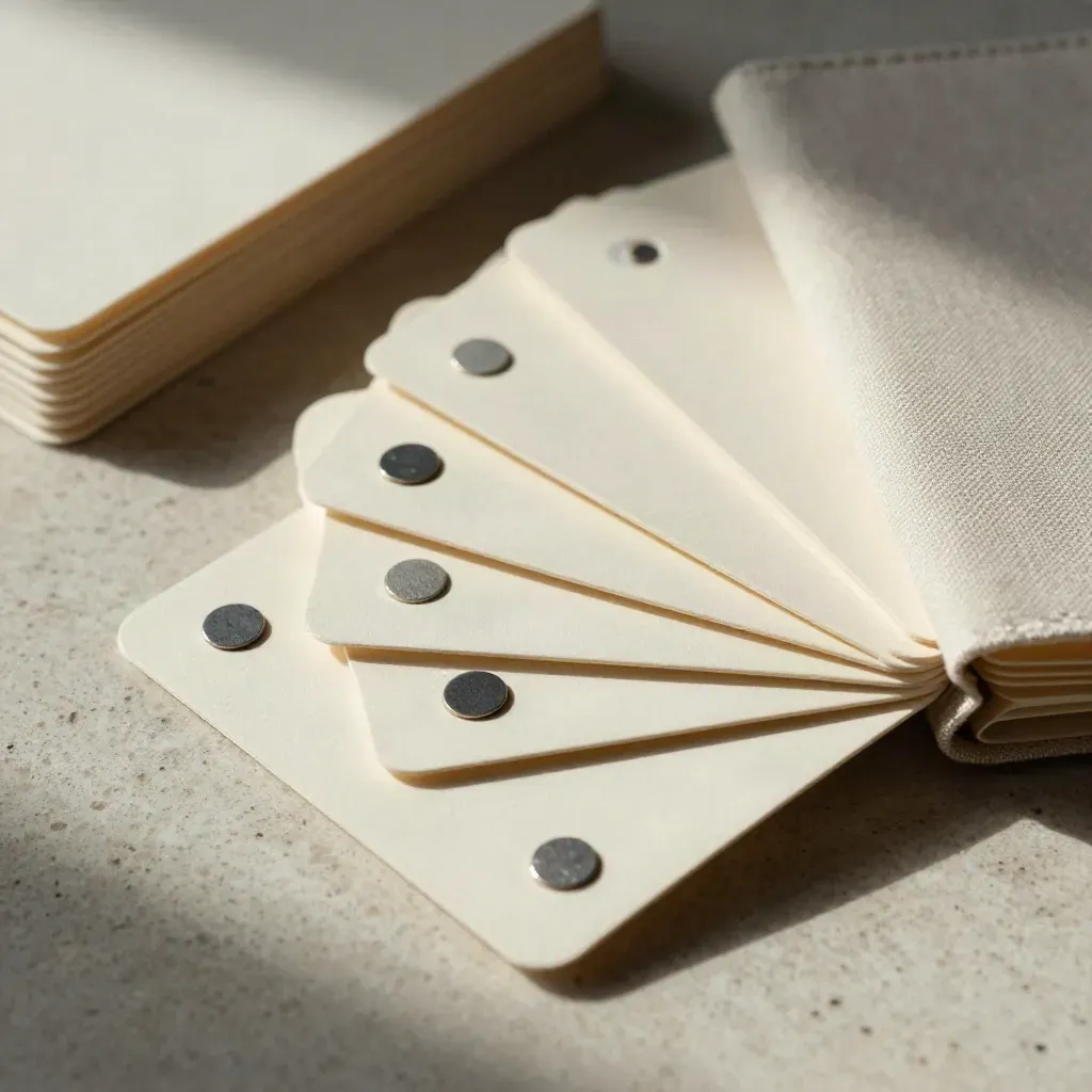 Extreme close-up of stakeholder mapping cards, markers and sleeve on travertine