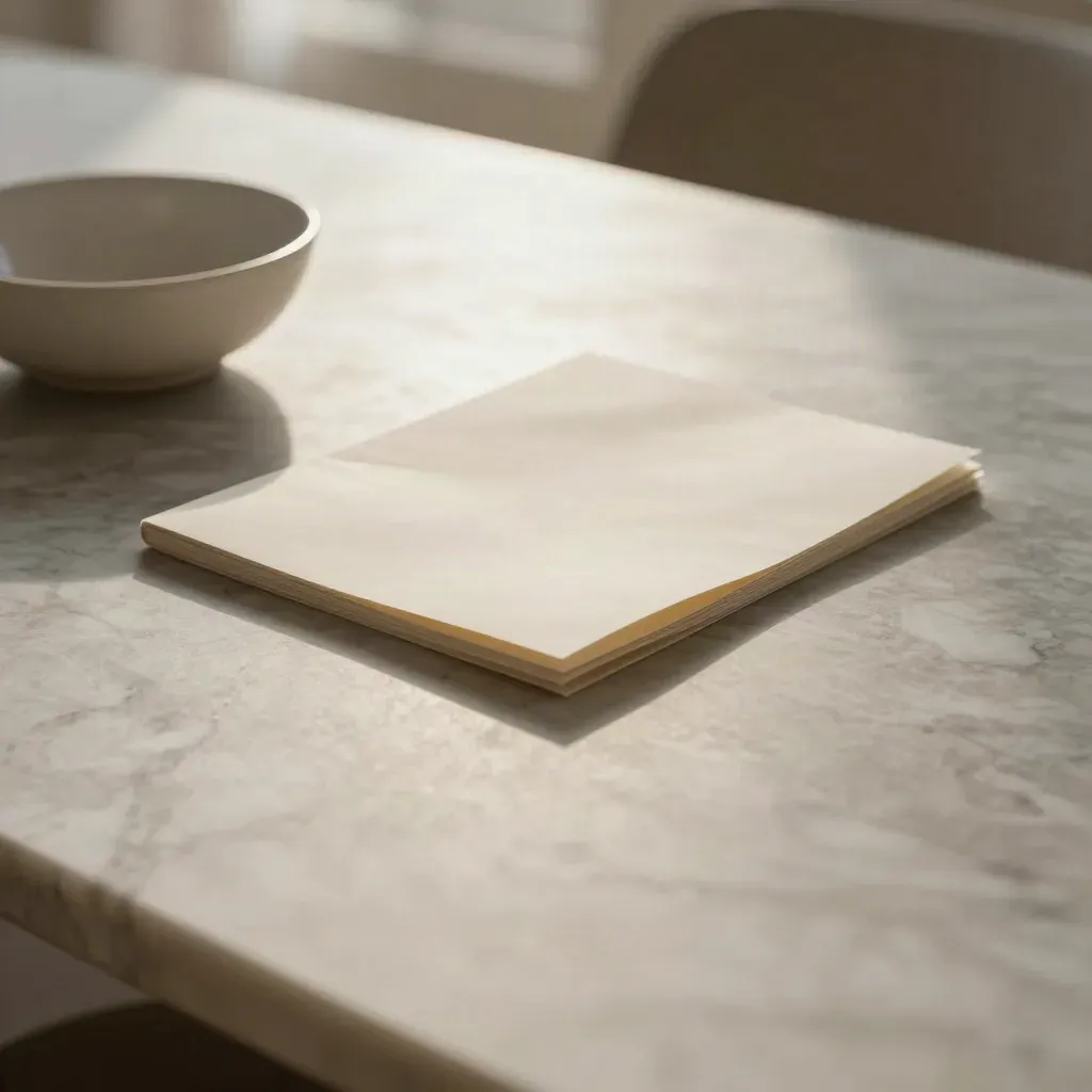 Pale marble table with folded survey packet and ceramic bowl, upper edge lit by soft morning sun.