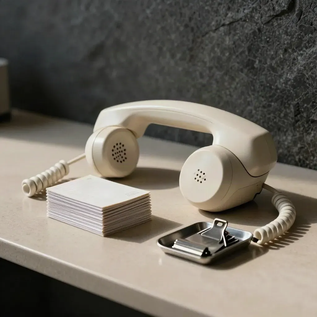 Phone handset beside call-routing cards and a clip tray on a quiet office surface.