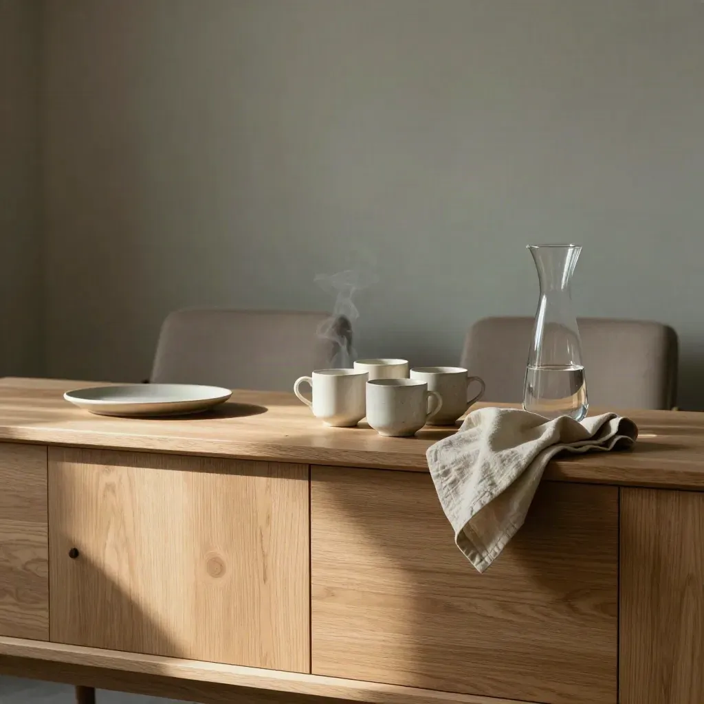Warm oak meeting room sideboard with teacups, blurred chairs, and soft afternoon light.