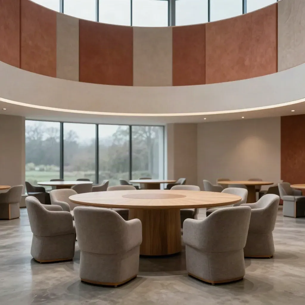 Empty circular seminar room with acoustic panels, open floor, and soft window light.