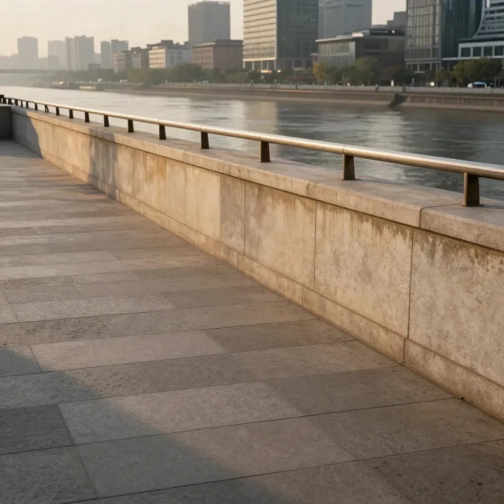 Golden riverside terrace overlooking a blurred modern business district at sunset