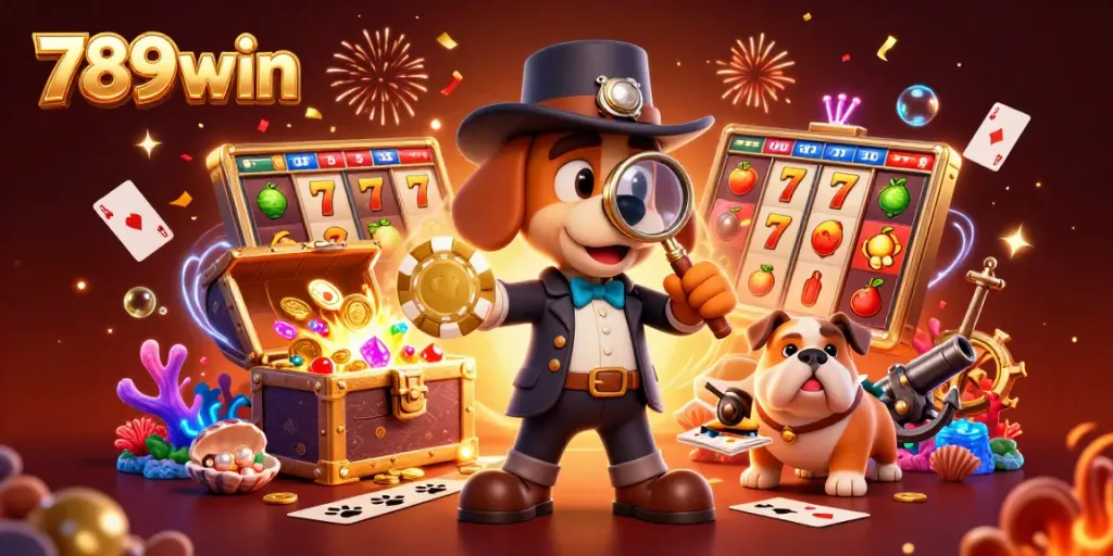 Engage with the 789win detective duo uncovering colorful treasures in a vibrant casino-themed scene.