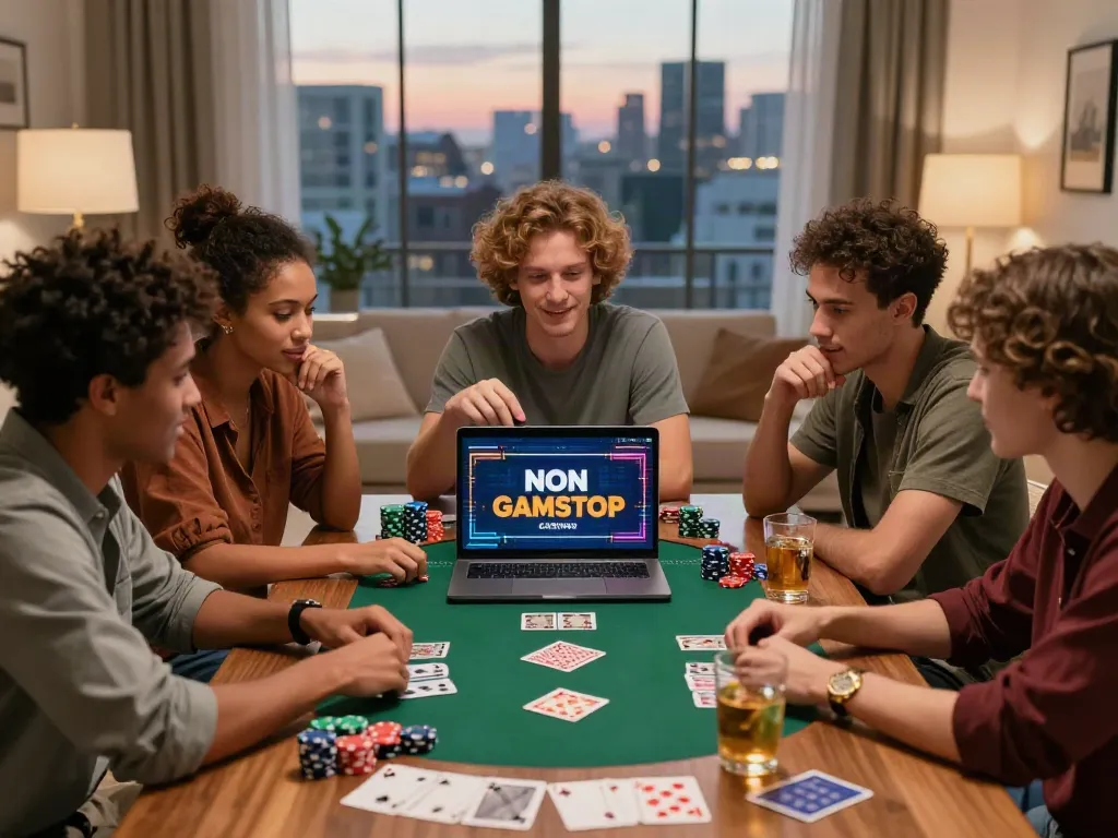 Friends enjoying an online game about non gamstop casinos in a cozy atmosphere.