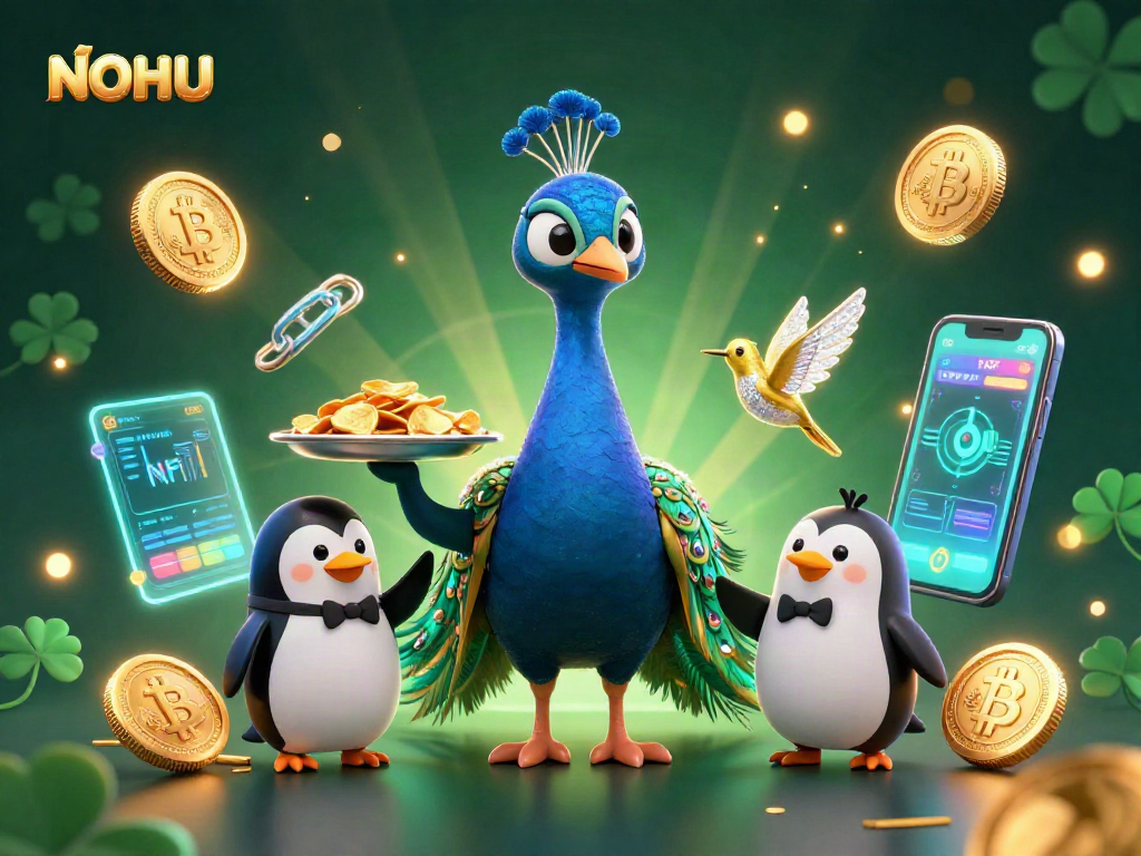 NOHU showcases a vibrant 3D casino scene with characters among glowing crypto coins and dynamic elements.
