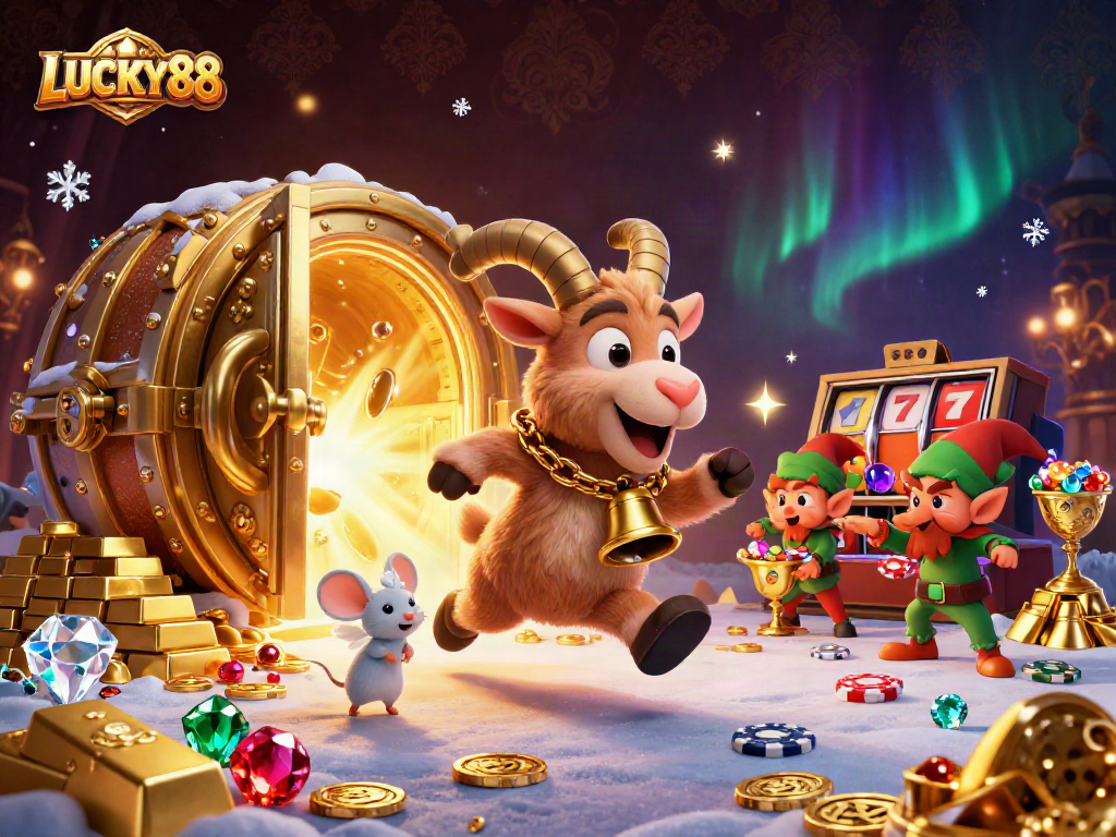 Experience LUCKY88 excitement with a whimsical casino scene featuring fun characters and rich treasures.