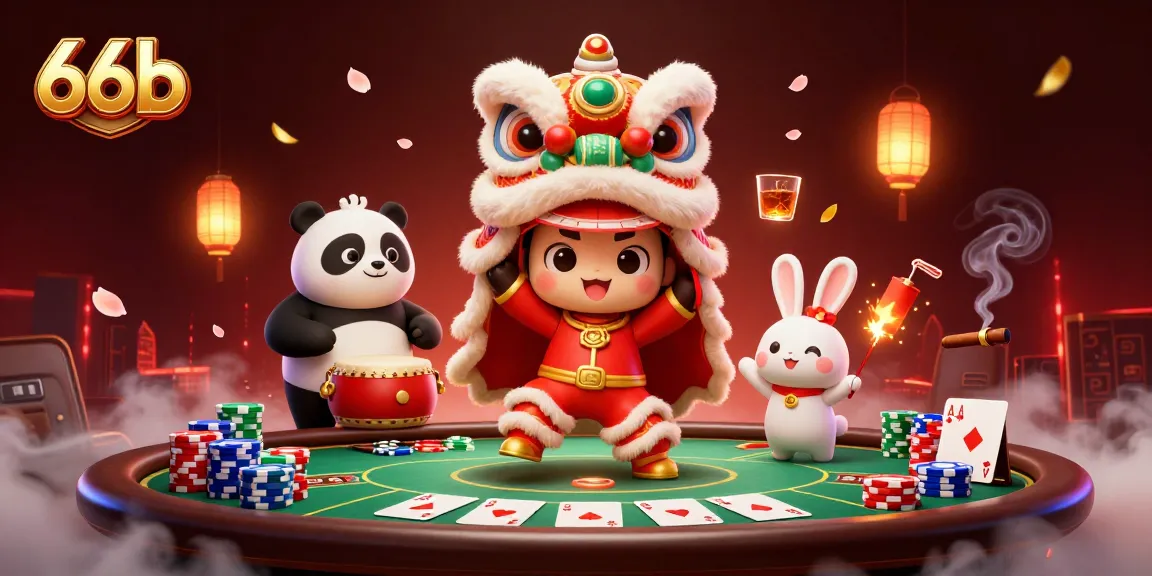 Join the fun at 66b with a vibrant poker scene featuring a lively lion dance, drumming panda, and action-packed gaming.