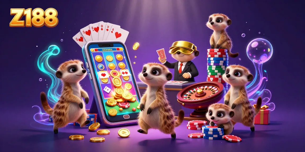 Z188 meerkats run a lively casino scene with colorful games and dazzling elements.