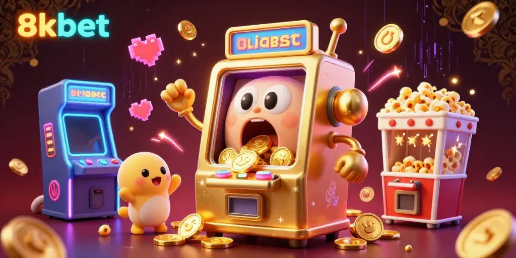 8xbet slot machine hits a jackpot and showers coins, surrounded by cheering slots and a popcorn machine.