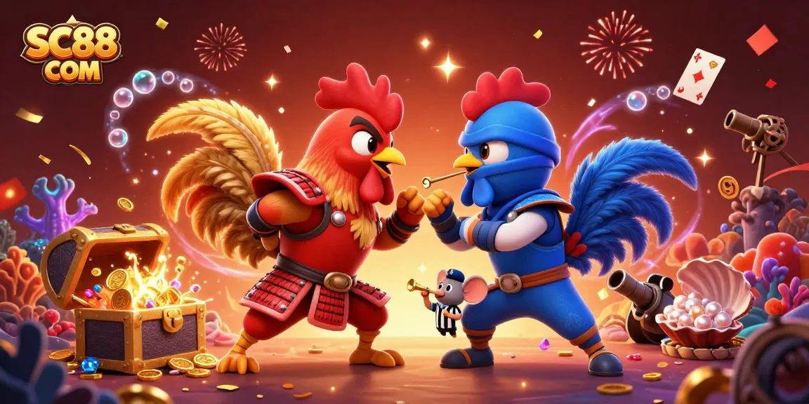Experience thrilling battles at SC88 COM with cartoon roosters, gold coins, and vibrant casino elements.