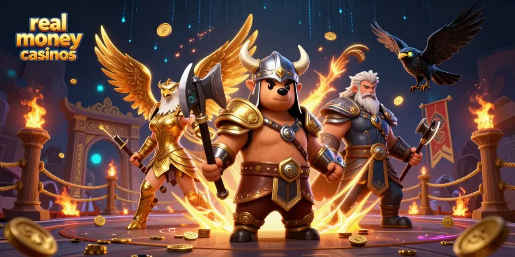 Engage with real money casinos in an ultra-detailed 3D scene featuring Viking and eagle characters amidst a rich casino backdrop.