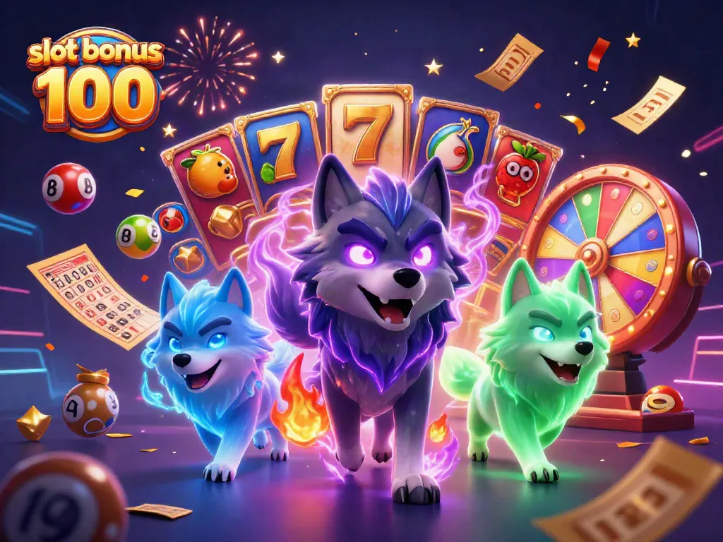 Experience the excitement of slot bonus 100 with a vibrant, engaging illustration full of energetic casino elements.