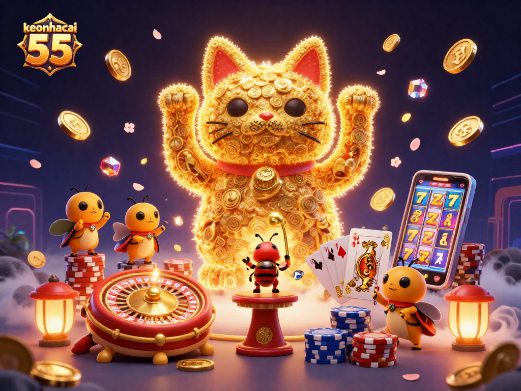Win big with keonhacai 55 in this vibrant, animated casino scene of luck and fortune.